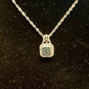 Stauer Signed Silver Necklace, Delicate Blue & Clear Stones in a Square …